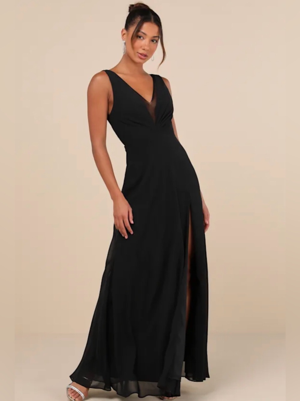 Lulu's Black V-Neck Maxi Dress with Sheer Inset